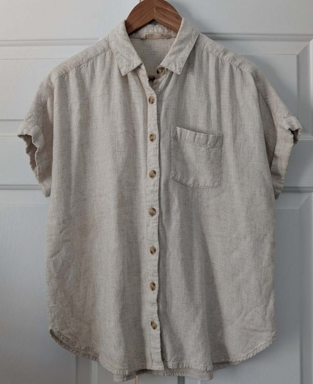 Soft Surroundings Natural Linen Blend Rolled Sleeve Button Top